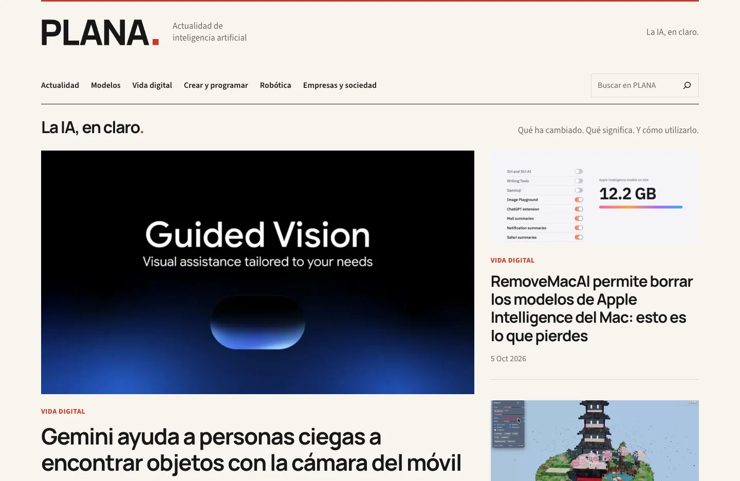 Portada de PLANA con la cabecera del medio y sus últimas noticias de inteligencia artificial.