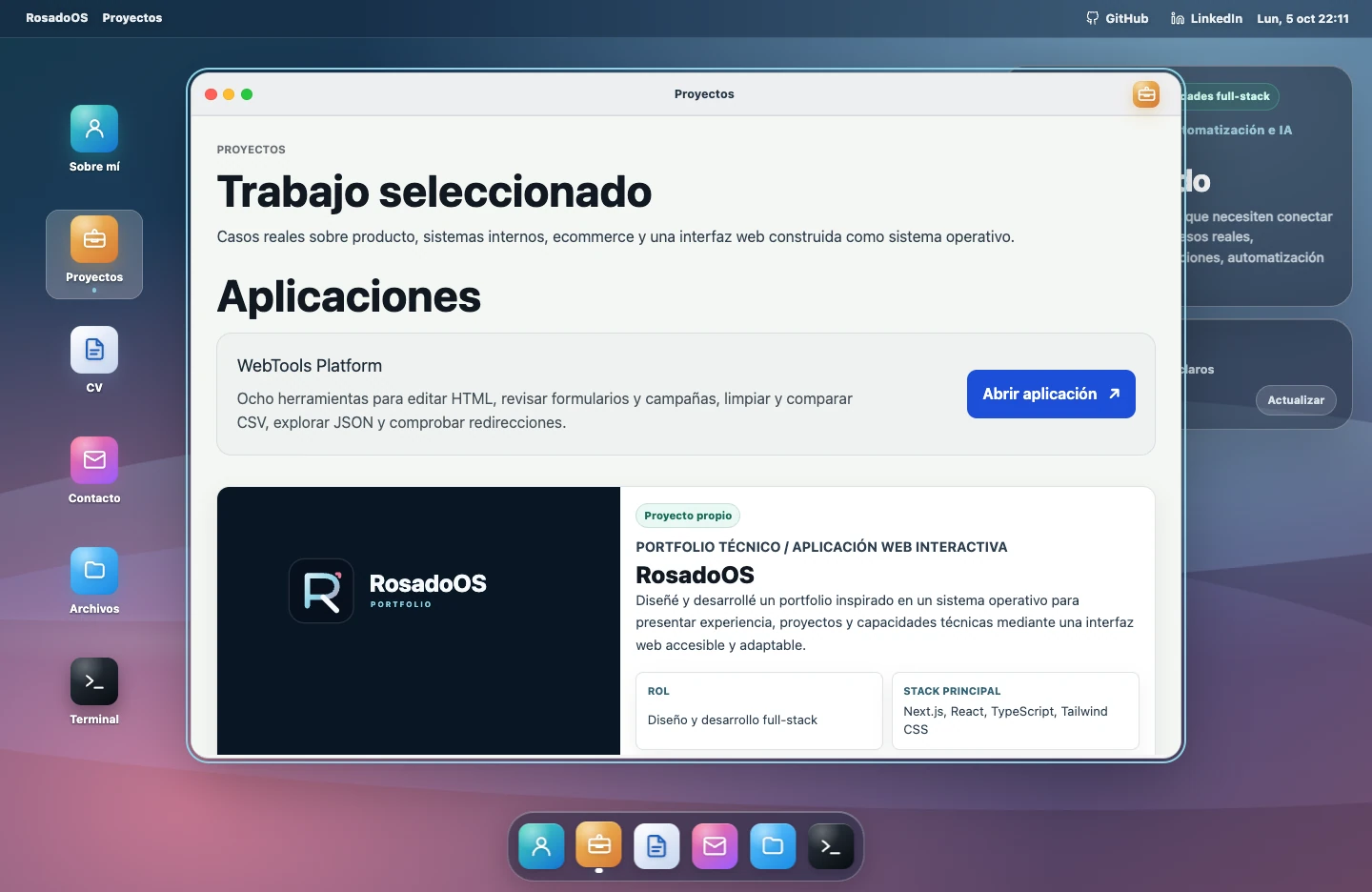 Escritorio de RosadoOS con la aplicación Proyectos abierta.