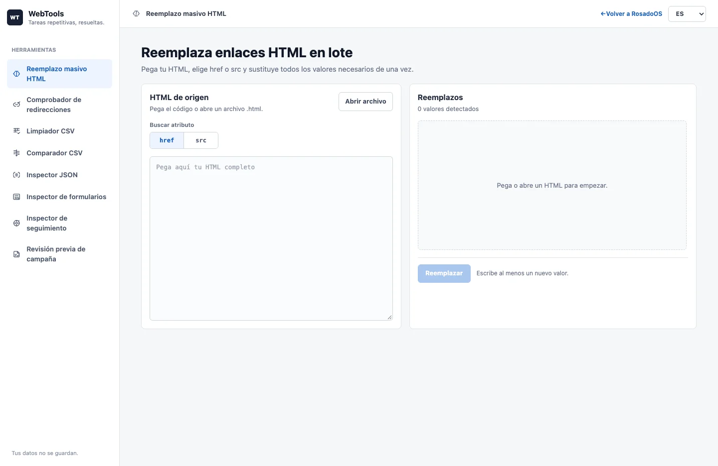 Aplicación WebTools con su menú de ocho herramientas y la de reemplazo masivo de HTML abierta.